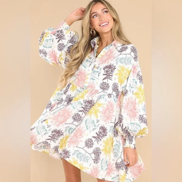 Aura Ivory Floral Print Swing Linen Dress Large - Picture 3 of 10